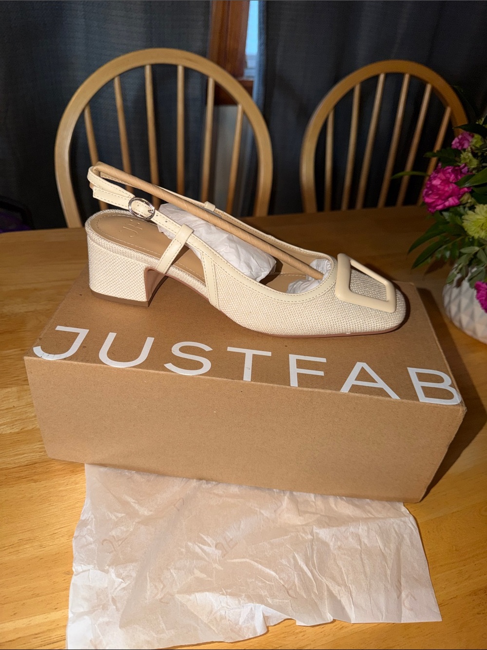 JustFab Cream Slingback Block Heel Mules